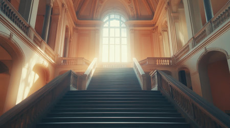 A stunning ornate staircase illuminated by sunlight, creating a warm and inviting ambiance, perfect for showcasing elegant architecture and design.の素材