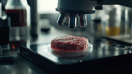 Close-up view of a microscope inspecting a cultured meat sample in a laboratory. This innovative approach highlights advancements in food technology and sustainable solutions.の素材