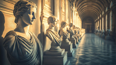 A stunning display of classical sculptures lining an elegant hallway. The interplay of light and shadow highlights the beauty and craftsmanship of each piece, creating a serene artistic atmosphere.の素材