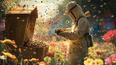 A dedicated beekeeper carefully harvests honeycomb while surrounded by vibrant flowers in a lush garden, showcasing the beauty and importance of nature's pollinators.の素材