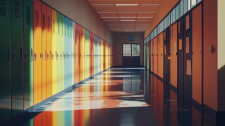 A vibrant school hallway featuring colorful lockers and glossy floors, illuminated by natural light that creates lively reflections, depicting an inviting educational atmosphere.の素材
