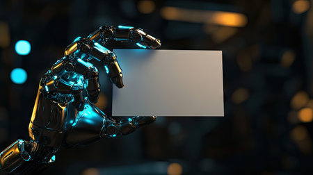 A sleek robotic hand showcases a blank card in a dynamic setting, representing modern technology and digital identity. Ideal for business and innovation themes.の素材