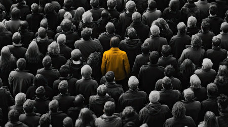 A striking image showcasing an individual in a bright yellow jacket standing out in a sea of black and white people, emphasizing themes of individuality and social conformity.の素材