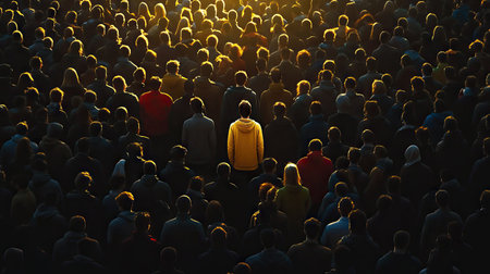 A bright moment captures an individual in a yellow hoodie standing amidst a vast crowd, emphasizing themes of individuality and connection in a warm and vibrant atmosphere.の素材