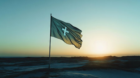 A serene sunset showcases a flag featuring a prominent cross, symbolizing peace and spirituality against the backdrop of a tranquil landscape.の素材
