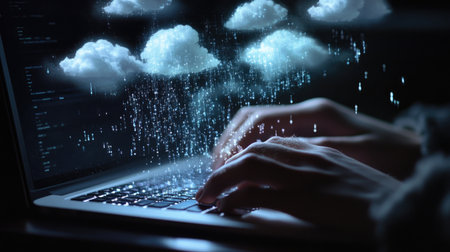 A person typing on a laptop with visual elements of clouds and data rain, symbolizing the connection between technology and digital transformation in modern life.の素材