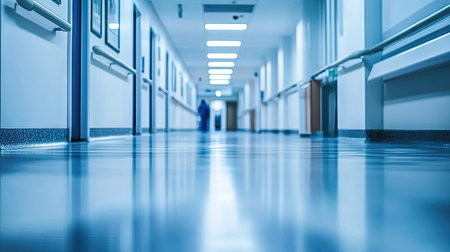 A calming hospital corridor featuring bright fluorescent lights and a sleek floor, emphasizing cleanliness and accessibility in a modern healthcare setting.の素材