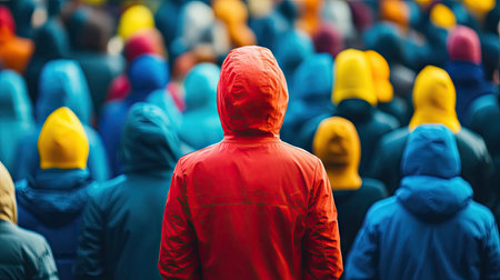 A striking image of a crowd wearing colorful hooded jackets, featuring a standout red jacket. The scene captures the sense of unity and diversity in a vibrant urban atmosphere.の素材