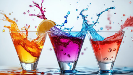 Assortment of cocktails with dramatic splashing effect, colorful liquids in motion.の素材