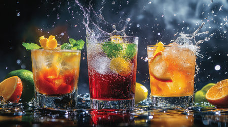 Brightly colored cocktails splashing with water in motion, capturing freshness and fun.の素材