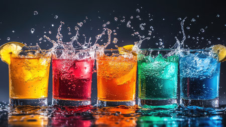 Vibrant cocktails in a row, splashing water creating a lively and refreshing scene.の素材