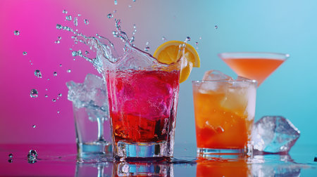 Dynamic shot of various cocktails splashing with water, colorful drinks on a reflective surface.の素材