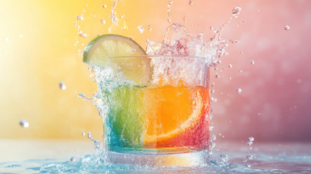 Brightly colored cocktails splashing with water in motion, capturing freshness and fun.の素材