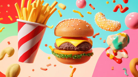 Whimsical burst of fast food items in a colorful scene, with burger, fries, and drink taking center stage.の素材