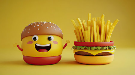 Cute 3D cartoon burger and fries with exaggerated features, perfect for playful food themes.の素材