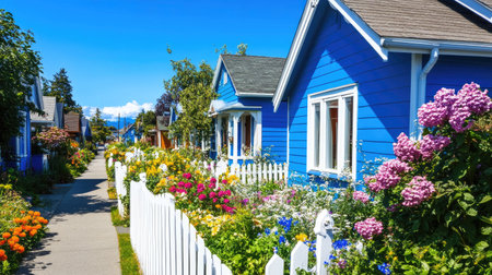 Idyllic blue houses in a row, white fences and blooming flowers along the path under a clear blue sky.の素材