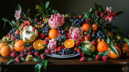 Table overflowing with colorful fruit, from oranges to strawberries, vibrant and healthy arrangement.の素材