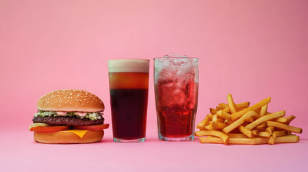Variety of fast food items like burgers, fries, and soda on a vibrant colored background, space for text.の素材