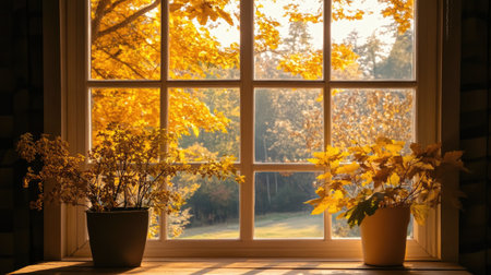 Golden autumn trees seen through a large window, sunny day enhancing the warm, cozy feel of the scene.の素材