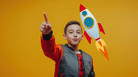 Young entrepreneur pointing to digital rocket icon for startup launch, symbolizing growth and vision. Tech background.の素材