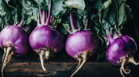 Fresh organic kohlrabi with leaves intact, ideal for nutritious and unique vegetable dishes.の素材