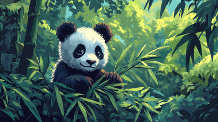 Pixel art of a baby panda playing with bamboo leaves in a lush, tropical jungle.の素材