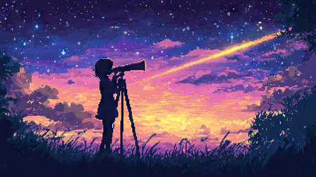 Retro anime pixel art of a character stargazing with a telescope under a vibrant pixel sky.の素材