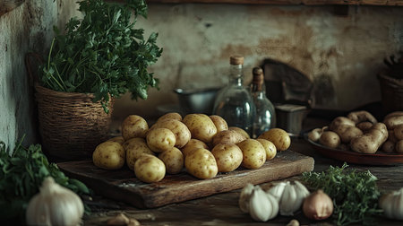 Rustic arrangement of organic potatoes, earthy and fresh, inspiring home-cooked meals.の素材
