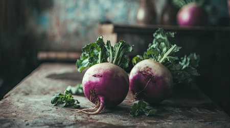 Whole organic kohlrabi on a rustic surface, fresh and ready for creative vegetable dishes.の素材