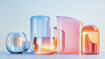3D render of geometric glass shapes arranged in a minimalist composition, glowing with pastel hues.の素材