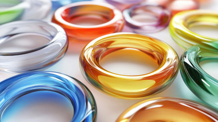 3D render of swirling glass rings in rainbow colors, creating an abstract minimalist look.の素材