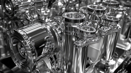A close-up of shiny car engine components, including pistons and valves, arranged neatly on a reflective surface.の素材
