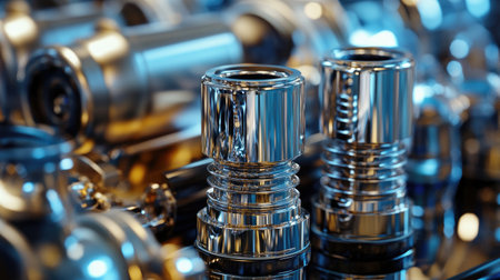 A close-up of shiny car engine components, including pistons and valves, arranged neatly on a reflective surface.の素材