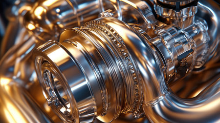 A car's turbocharger component, shown in detail with polished metal and sharp edges.の素材