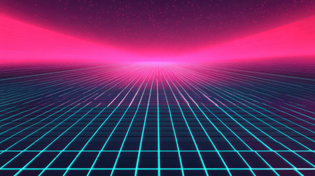 A digital artwork of a glowing cyberpunk grid with sharp lines and a vibrant magenta-blue gradient.の素材