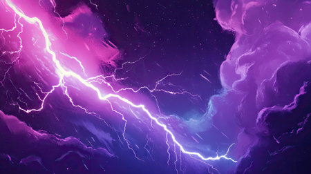A dynamic lightning storm illustration with bold purple and white bolts against a dark sky.の素材