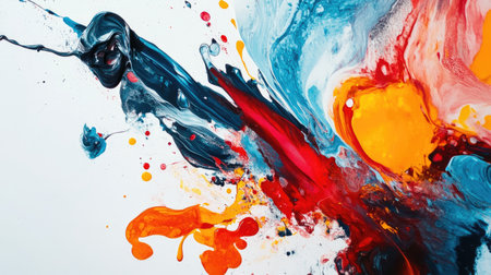 A high-energy splash of paint with bright, bold colors on a clean white background for artistic impact.の素材
