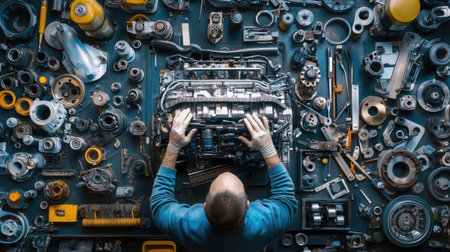 A panoramic view of a mechanic assembling an engine block, surrounded by various auto parts.の素材