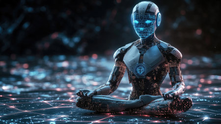 A robotic figure in a meditative pose on a digital grid background, symbolizing advanced AI thinking and mindfulness. 4c65-9365-1981f8c6a360の素材
