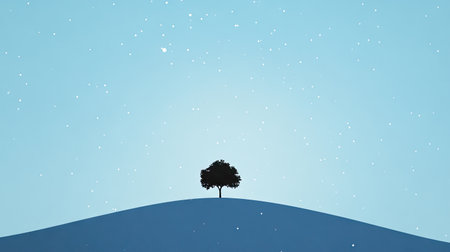 A minimalist design featuring a lone tree on a hill under a vast star-filled sky.の素材