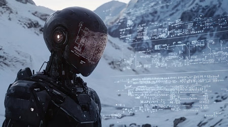 A humanoid robot with glowing eyes, deep in thought, as holographic equations and data float around it.の素材
