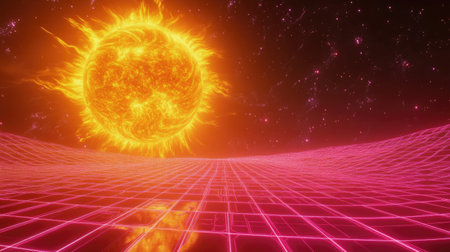 A retro 80s-themed wallpaper with a glowing sun, gridlines, and vibrant neon colors.の素材