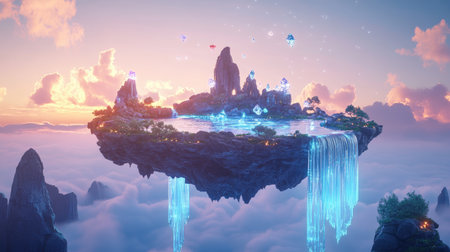 A surreal floating island with waterfalls and glowing crystals under a twilight sky.の素材