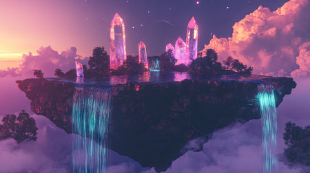 A surreal floating island with waterfalls and glowing crystals under a twilight sky.の素材