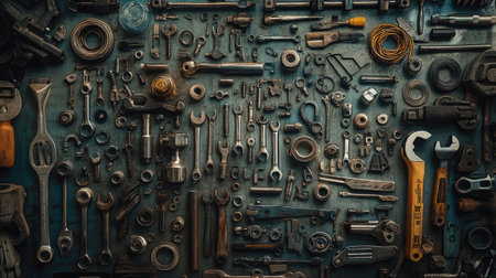 Auto parts laid out in an artistic arrangement, including wrenches, bolts, and nuts, on a garage table.の素材