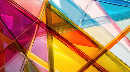 Abstract minimalist composition of intersecting glass beams in bright, vivid hues.の素材