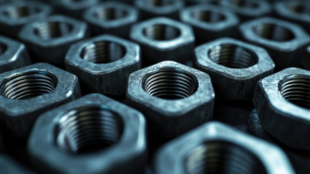 Close-up of lug nuts and bolts arranged in a geometric pattern, emphasizing their metallic finish.の素材