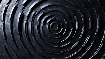 Coiled serpentine belts arranged in a spiral pattern on a textured black background.の素材