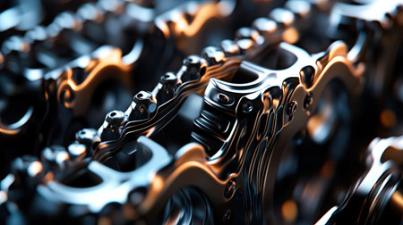 Engine timing chains laid out in a wavy pattern, with a focus on metallic reflections.の素材