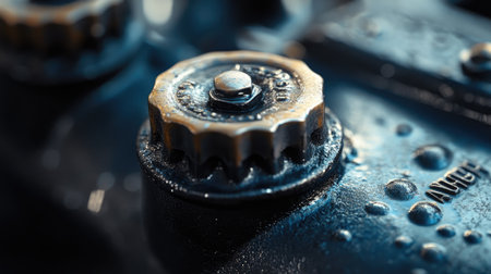 Close-up of a radiator cap with bold, clean lettering and a textured surface.の素材